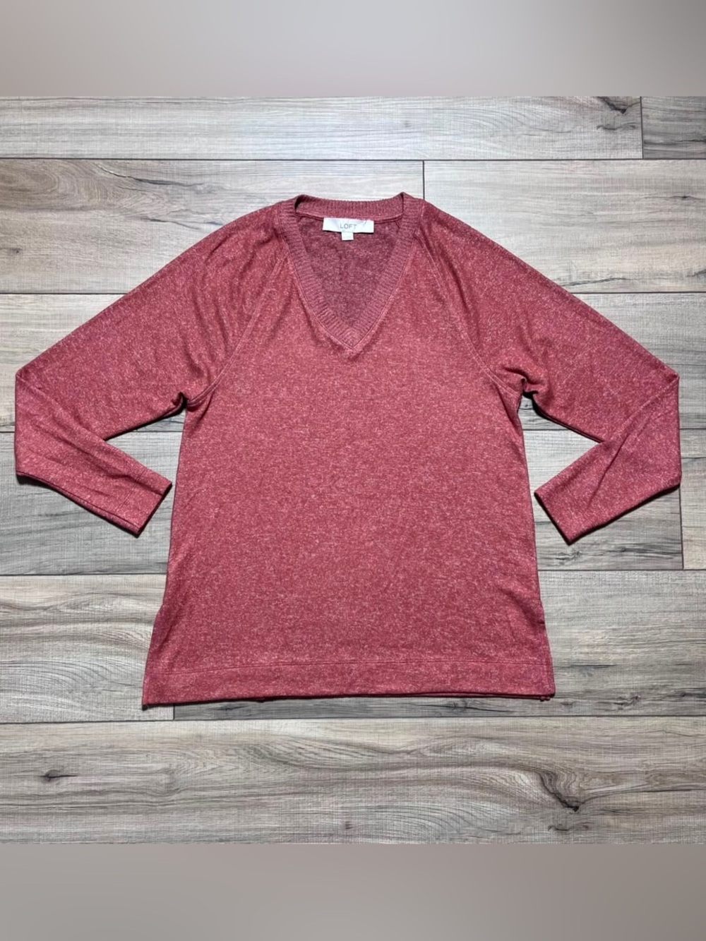 LOFT Women's Rib Trim V-neck Long Sleeve Top Size XS Intense Copper Orange